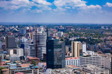 Nairobi City County Skyline Skyscrapers. Nairobi is Kenyaâs capital city. In addition to its urban core, the city has Nairobi National Park, a large game reserve known for breedingのeditorial素材