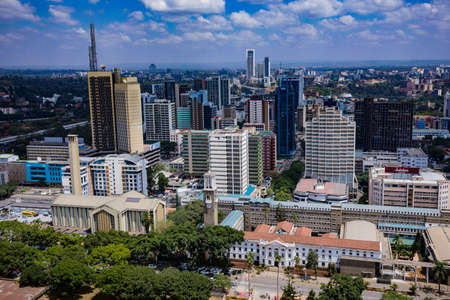 Nairobi City County Skyline Skyscrapers. Nairobi is Kenyaâs capital city. In addition to its urban core, the city has Nairobi National Park, a large game reserve known for breedingのeditorial素材