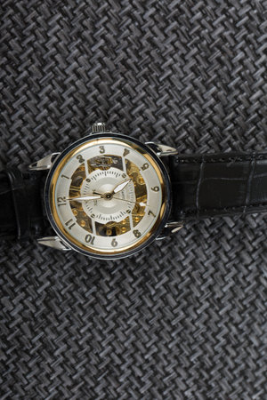 Wristwatch on a black background. Close-up of wristwatch.の写真素材