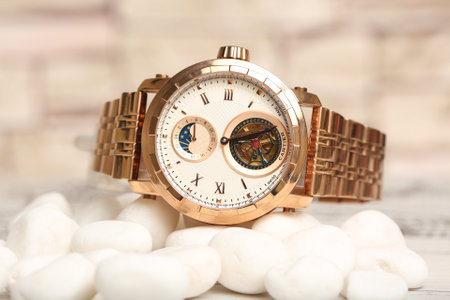 Wristwatch on white stone background, closeup. Time conceptの写真素材