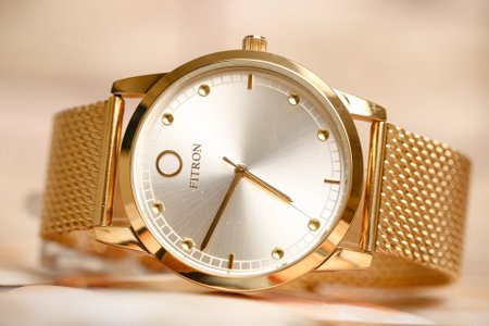 Wristwatch on the table, close-up. Time conceptの写真素材