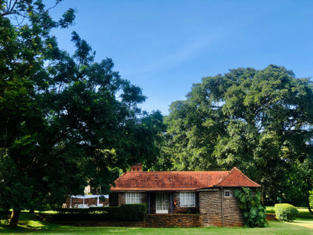 Old house in the park with green trees and blue sky background.の写真素材