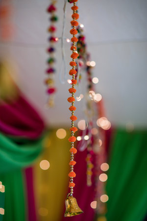 Bells and garlands in the market. Bokeh backgroundの写真素材
