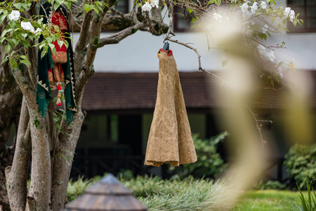Japanese-style clothing hanging on a tree in garden, Japan.の写真素材