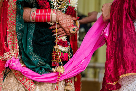 Indian wedding bride and groom in traditional indian wedding dresses during marriage ceremony.