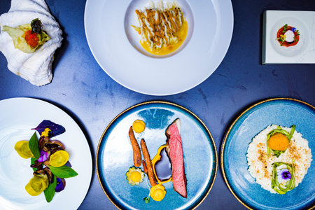 food on the table in a restaurant. food styling and restaurant meal serving