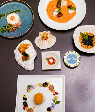 Sushi set with salmon, caviar, caviar and musselsの写真素材
