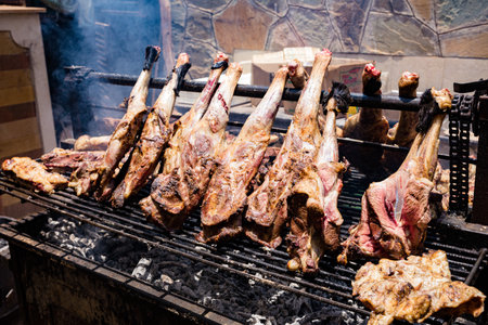 Grilled lamb chops on a barbecue grill, close-up.の写真素材