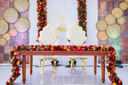 Wedding Ceremony Decorated with Flowers and Table, Thailand.の写真素材