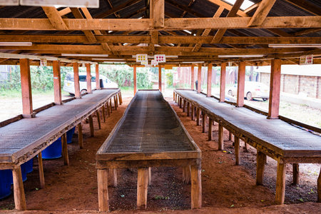 Wooden seat in Thai country, Thailand. (Selective focus)