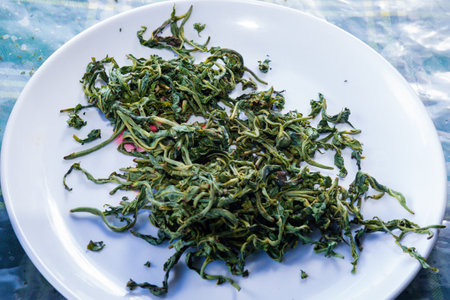Korean traditional food, dried seaweed in a white dish.の写真素材