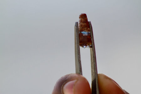 Closeup view of rough blue sapphire gemstone in a tweezer
