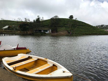 The bright boat in the foreground, the lake and the hill covered with tea plantation under an overcast skyの写真素材
