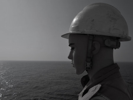 View of the face of dummy/ mannequin placed onboard a ship at sea. These type of dummies are placed around the ship to stop pirates from boarding.の写真素材