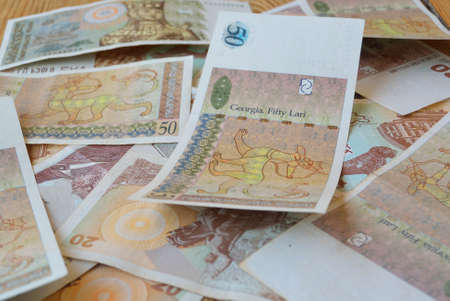 georgian lari banknotes lies on a tableの写真素材