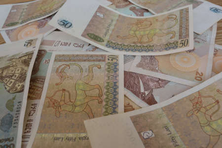 georgian lari banknotes lies on a tableの写真素材