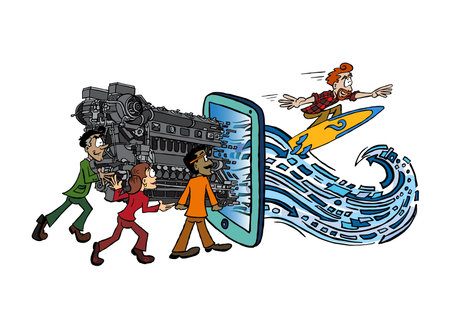 Cartoon characters of different etnicity going through a digital transformation