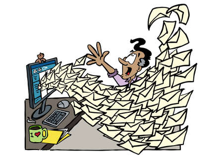 Cartoon character Manuel drowning in countless emails in his inboxのイラスト素材