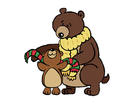 Cartoon adult bear helping cub putting on a scarfのイラスト素材