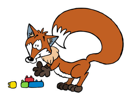 Cartoon fox playing with building bloclsのイラスト素材