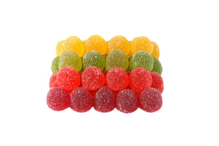 Colorful jelly sweets isolated on white background, laid in rows