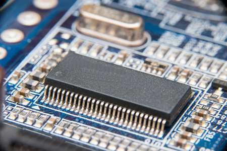 Electronic circuit board close up. Blue PCB