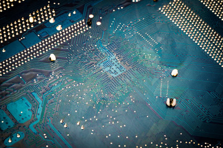Electronic circuit board close up. Red PCB