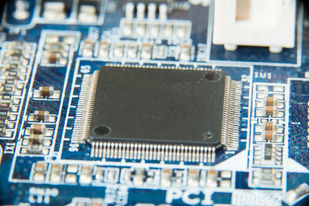Electronic circuit board close up. Blue PCB
