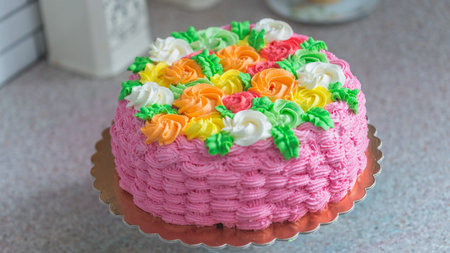 colorful cake with lattice pattern on cake stand