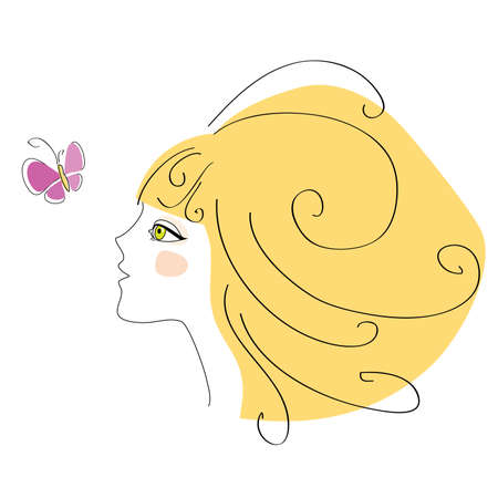 blonde girl looks at a butterflyのイラスト素材