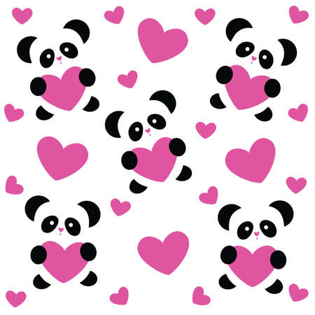 template pattern to the day of love - love pandas and pink hearts on white backgroundのイラスト素材