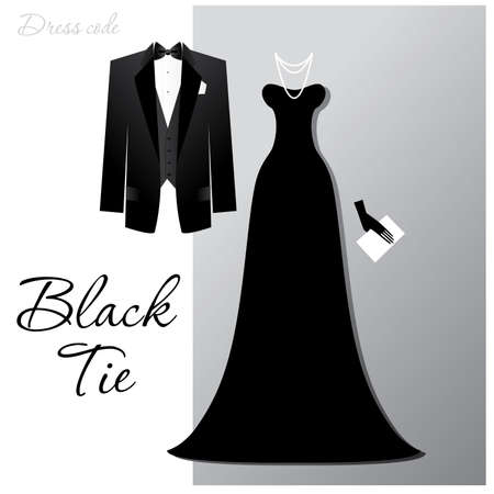 Dress code - Black tie. The man - a black tuxedo and black butterfly, a woman - a long evening dress and expensive jewelry.のイラスト素材