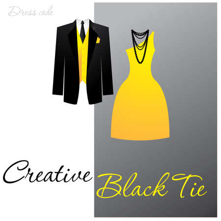 Dress code - Creative Black Tie. The man - a black tuxedo, colorful vest and tie or butterfly, a woman - cocktail dress.のイラスト素材