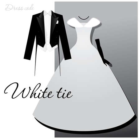 Dress code - White tie. Male - tails, light vest and white bow tie, a woman - a ball or evening gown, long gloves and a fur cape.のイラスト素材