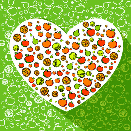 Healthy food - the heart of fruits and vegetables on green pattern background.のイラスト素材