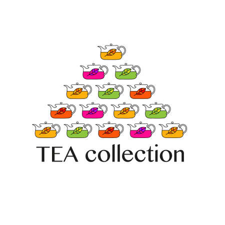 Tea kettles with tea leaves. Collection of different kinds of tea.のイラスト素材