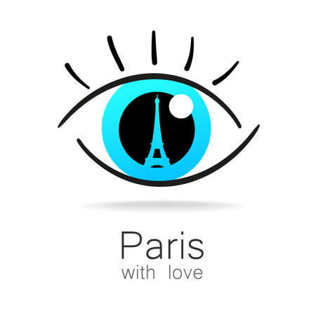 Paris with love - an idea for a design template sign. Silhouette of Eiffel Tower in the reflection eyes.のイラスト素材