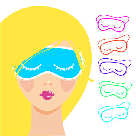 Sleep mask. Sleeping woman in a mask to sleep. Night accessory to sleep, travel and recreation.のイラスト素材