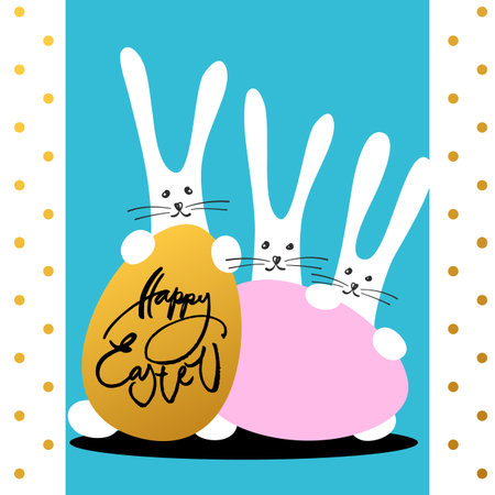 Happy easter card. Three easter bunnies and two easter eggs.  Template easter background. Funny...