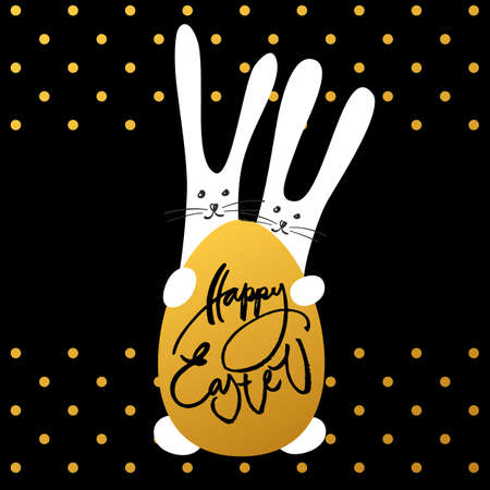 Happy easter card. Two easter bunnies and easter egg.Template easter background. Funny easter rabbits. Vector illustration.のイラスト素材