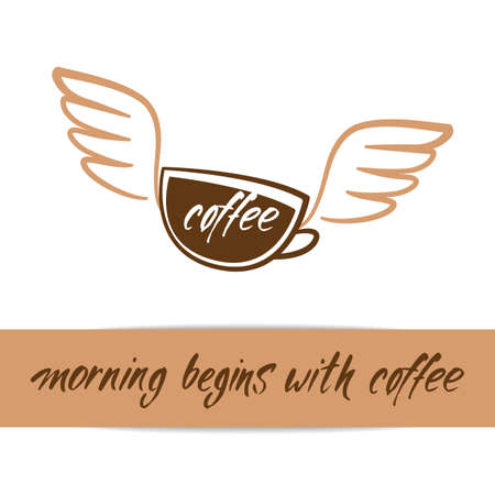 Coffee cup with wings and handwritten inscription - morning begins with coffee.のイラスト素材