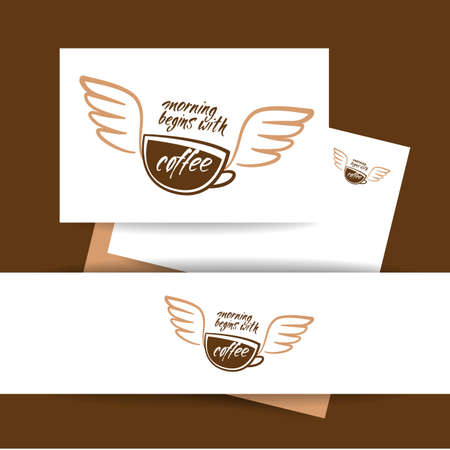 Coffee cup with wings and handwritten inscription - morning begins with coffee. Concept identity design for cafe, coffee shop. Vector Illustration.のイラスト素材