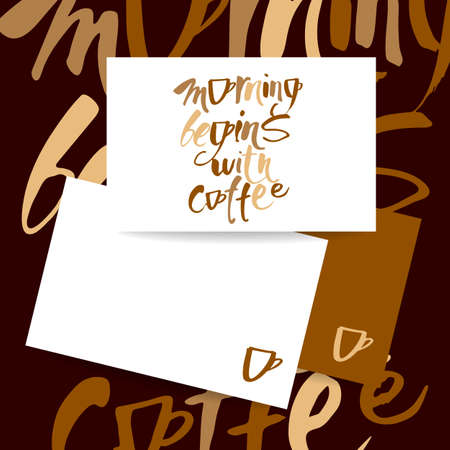 Morning begins with coffee. Quote lettering. Calligraphy style coffee quote. Concept card design for coffee label, cafe, coffee shop. Vector graphic design typography.のイラスト素材