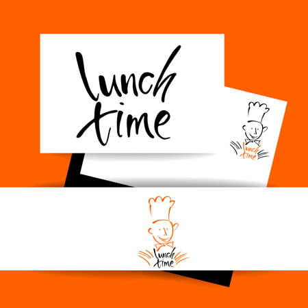 CHEF-COOK with handwritten lettering LUNCH TIME. Hand drawing chef-cook, handmade text lunch-time.Concept identity design for restaurant, cafe, chief-cooker, chef, lunch time.Vector Illustration.のイラスト素材