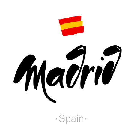 Madrid hand-lettering calligraphy and national Spain flag. Madrid hand drawn vector stock illustration. Modern brush ink. Isolated on white background.のイラスト素材