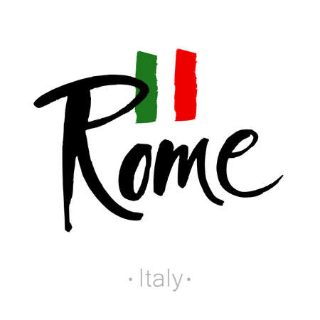 Rome hand-lettering calligraphy and national Italy flag. Rome hand drawn vector stock illustration. Modern brush ink. Isolated on white background.のイラスト素材
