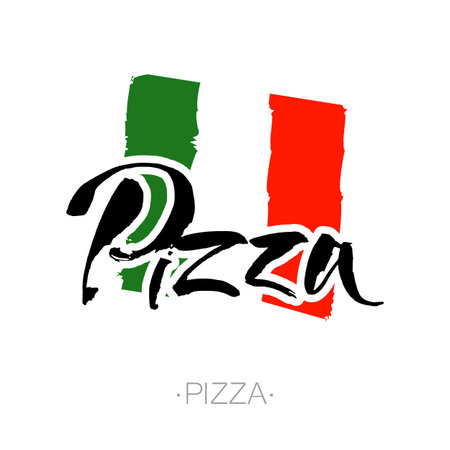PIZZA hand-lettering calligraphy. Italian pizza - design template for pizzerias, restaurants, cafes, brand name, logo, pizzafest. Hand drawn vector stock illustration. Modern brush ink.のイラスト素材