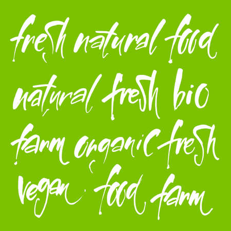 Vegan food design. Handwritten lettering for restaurant, cafe menu. Set of bio,natural,organic, local, healthy, farm fresh, eco, vegetarian labels. Badge templates.のイラスト素材