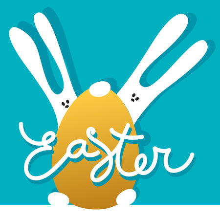 Easter greeting card template with rabbits and golden egg. Holiday background for design card,...