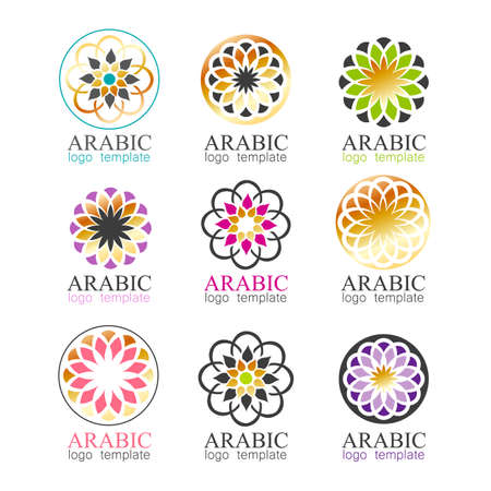 Islam, Arabic, Indian colorful geometric ornament round pattern collection. Logo template set. Vector symbols.のイラスト素材